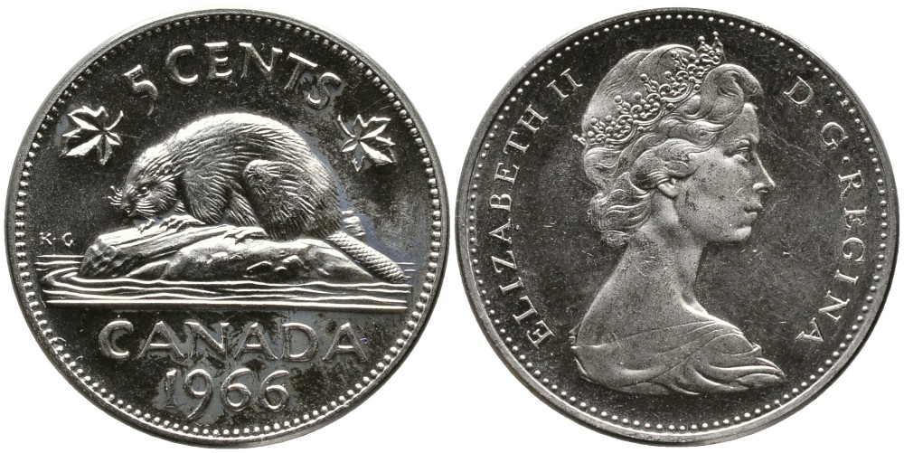 Канада 5 центов 1966 Елизавета II (1952-2022), бобер KM 60.1 никель UNC 4543-623