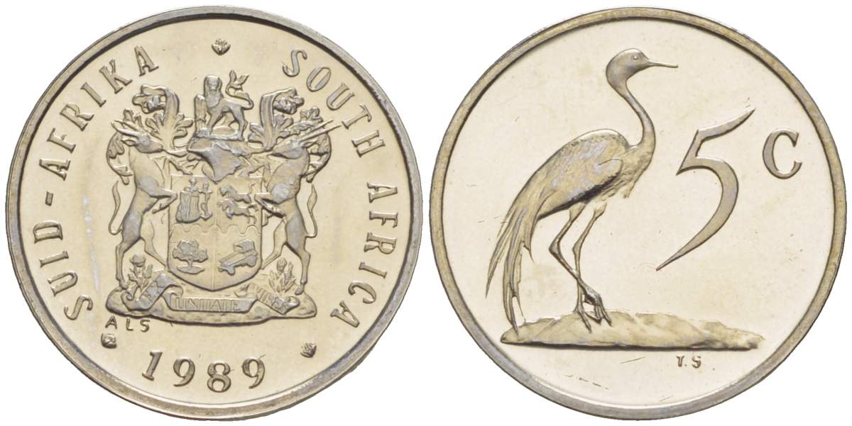 ЮАР 5 центов 1989 герб, райский журавль KM 84 никель PROOF 4525-634