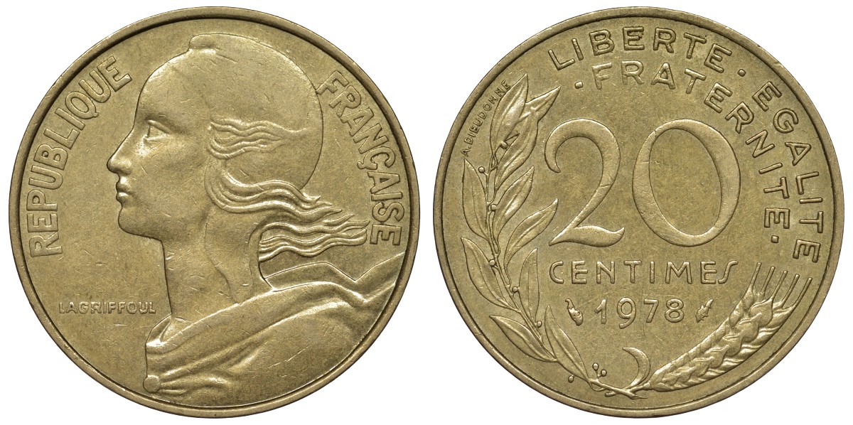 Франция 20 сантимов 1978 тип Marianne KM 930, Le Franc 156.18 медь алюминий никель 4128-231