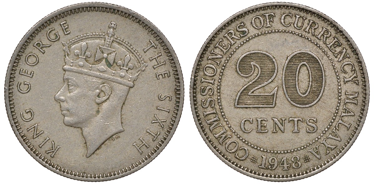 Британская Малайя 20 центов 1948 Георг VI (1937-1952) KM 9 медно-никель 4163-511