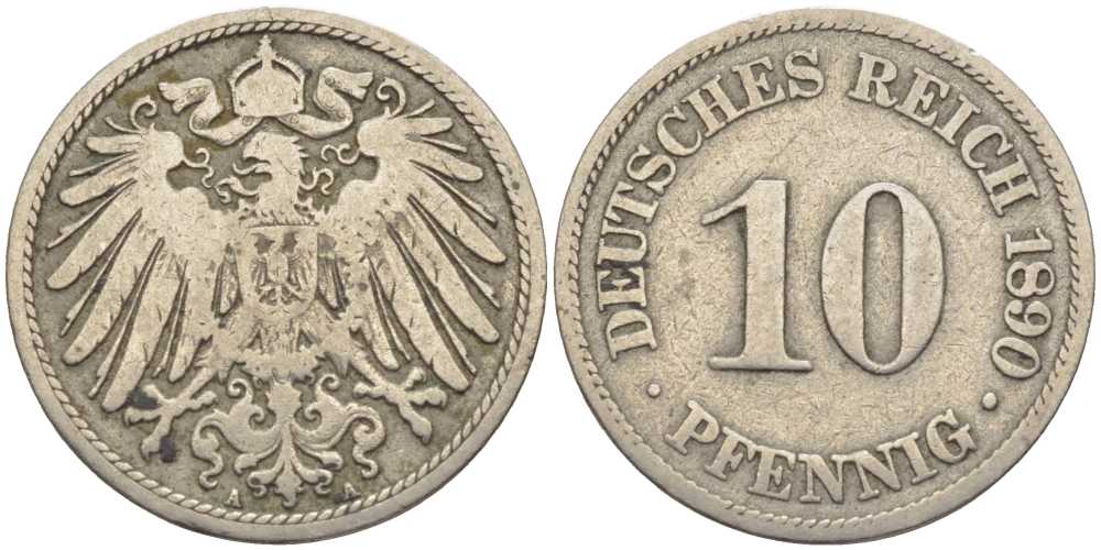 ГЕРМАНИЯ 10 ПФЕННИГОВ 1890 А KM 12, J. 13 медно-никель 4401-915