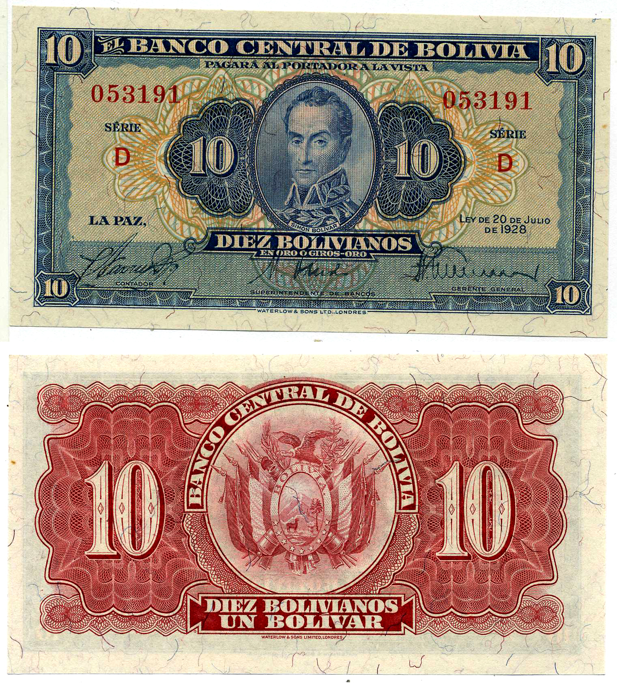 БОЛИВИЯ 10 БОЛИВИАНО 1928 серия D, ВТОРОЙ ВЫПУСК, W&S Pick 130 бумага UNC (пресс) 8603-9-1-1