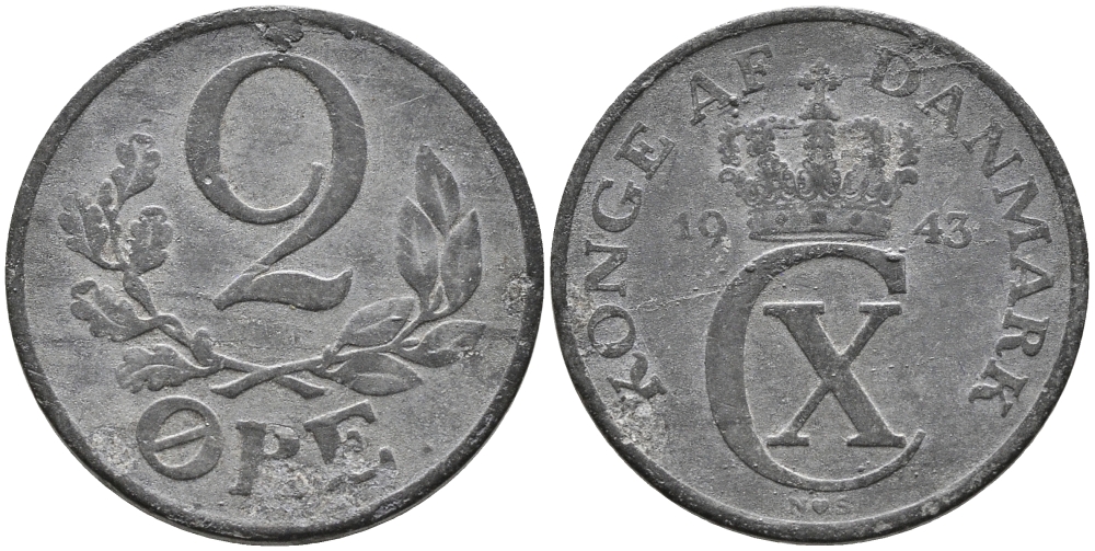 ДАНИЯ 2 ЭРЕ 1943 N;S, КРИСТИАН X (1912-1947) KM 833а цинк 28-1012