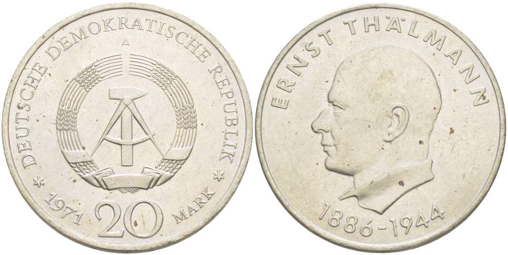 ГДР 20 марок 1971 A, 85 лет со дня рождения Эрнста Тельмана KM 34, J. 1535 медно-никель 4521-424