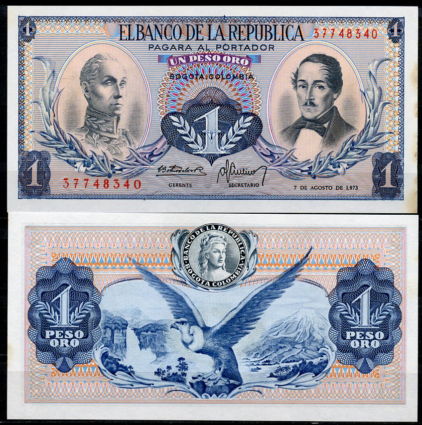 Колумбия 1 песо 1973 Симон Боливар, генерал Франсиско де Паула Сантандер, желтые пятна Pick 404e  бумага  aUNC 449-31-2