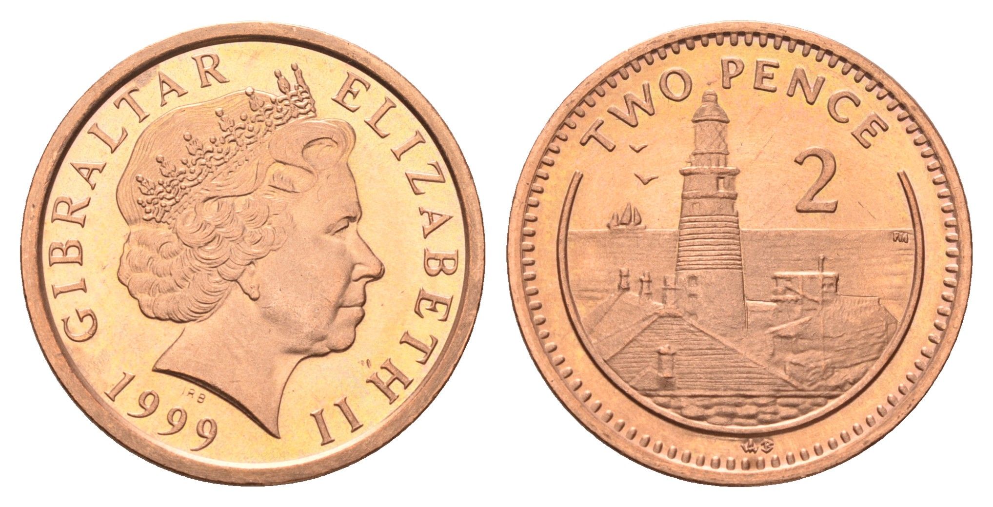 Гибралтар 2 пенса 1999 KM 774 сталь плакированная медью UNC 4666-313