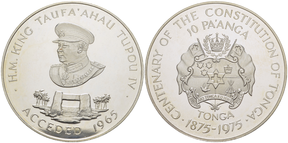 Тонга 10 паанга 1975 100 лет конституции Тонга, король Тауфа’ахау Тупоу IV, тираж 420 экз., диаметр 51 мм. KM 51 серебро  PROOF  1080-7-22