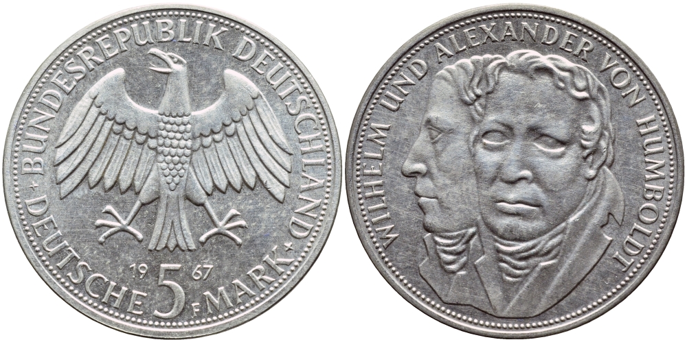ФРГ 5 марок 1967 F, Вильгельм и Александр фон Гумбольдт J. 395, KM 120.1 серебро UNC 4389-1133