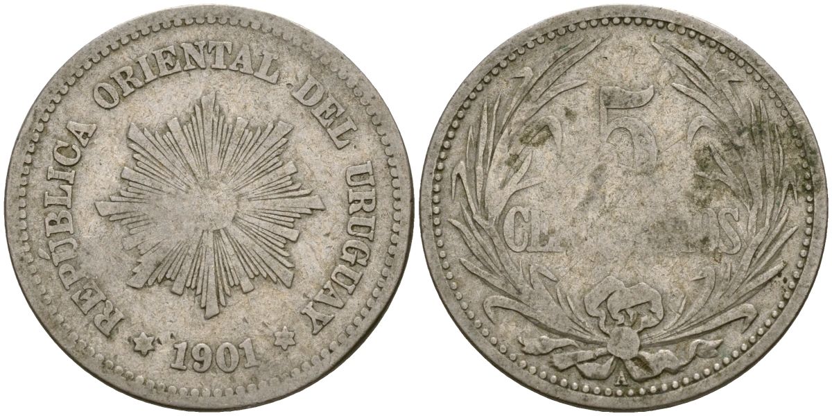 Уругвай 5 сентесимо 1901 KM 21 медно-никель 4135-345