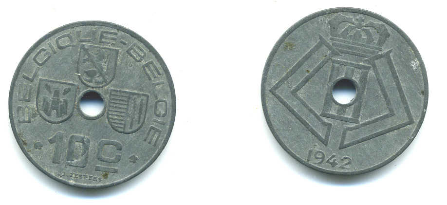 Бельгия 10 сантимов 1942 Belgique - Belgie, Леопольд III (1934-1947), германская оккупация, Вторая мировая война KM 125 цинк 25-244