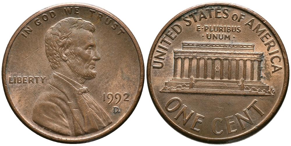 США 1 ЦЕНТ 1992 D, ЛИНКОЛЬН KM 201b цинк плакированный медью 4549-313
