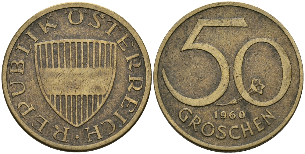 Австрия 50 грошей 1960 KM 2885 алюминиевая бронза 4396-1065