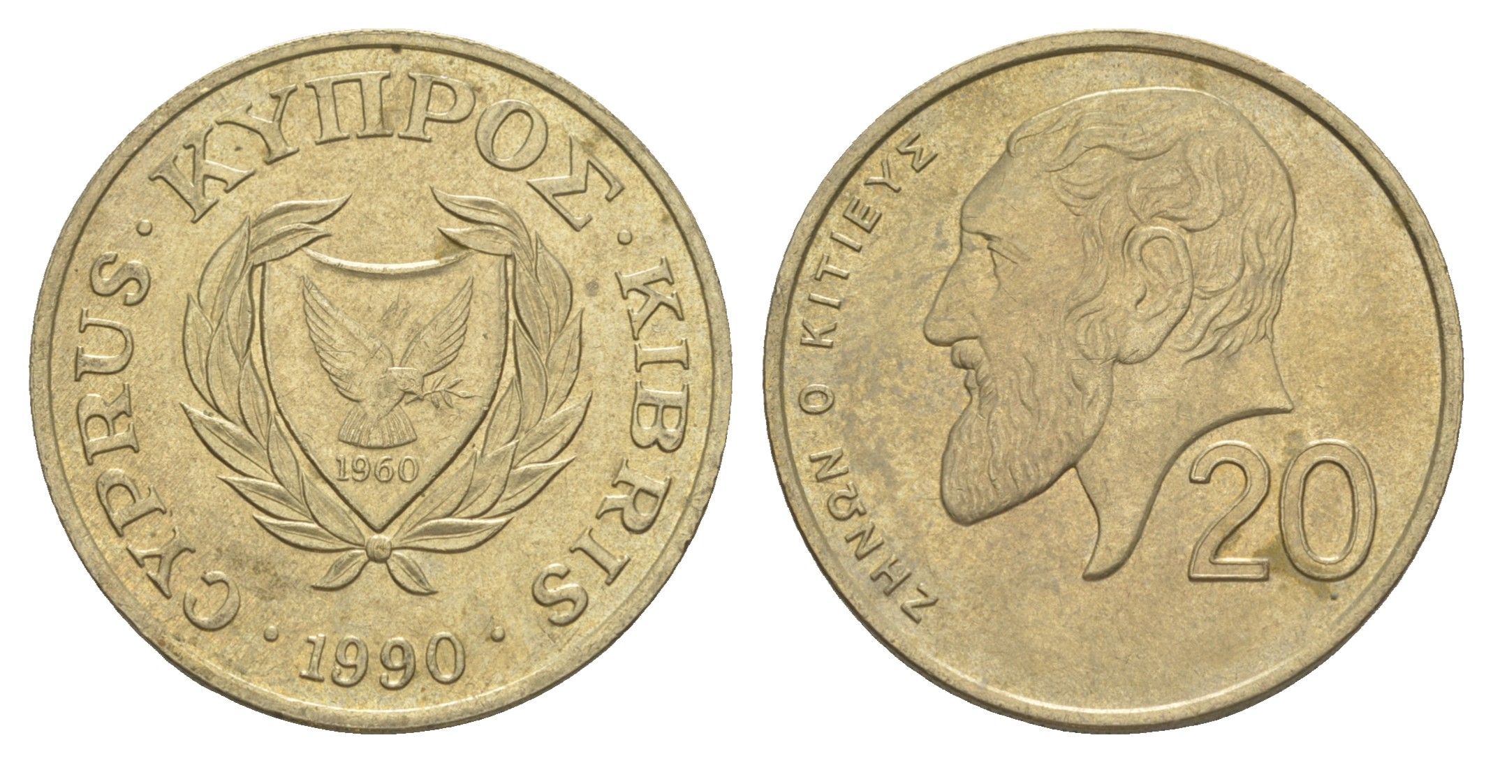 Кипр 20 центов 1990 Зенон Китийский KM 62.1 никель латунь UNC 4652-352