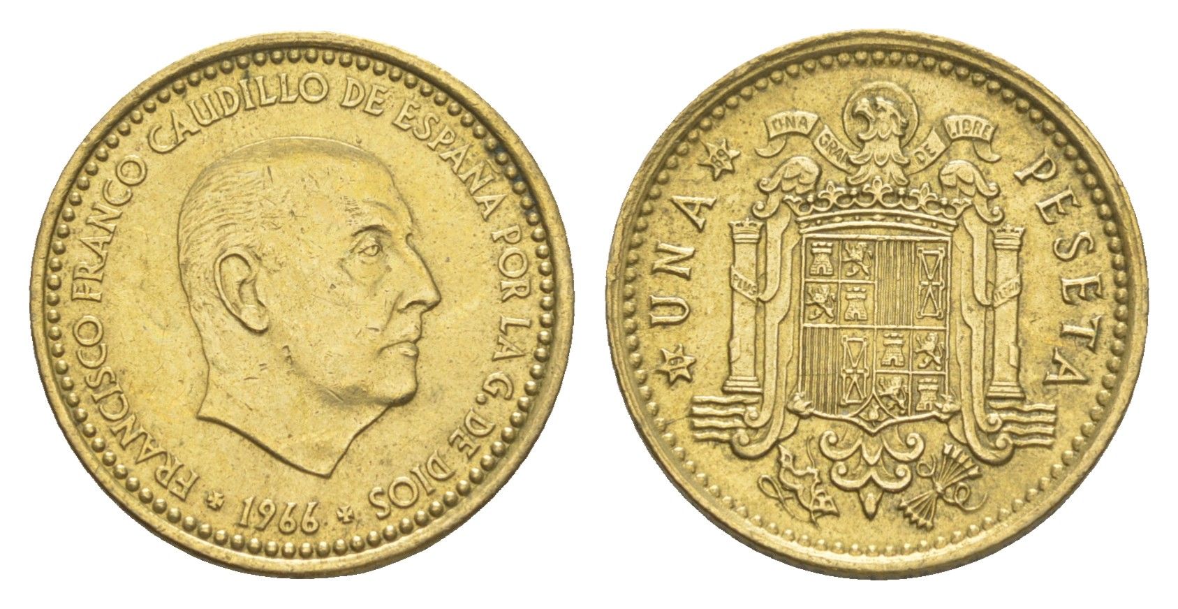 Испания 1 песета 1966 (69) Франсиско Франко (1939-1975) KM 796 алюминиевая бронза 4164-113