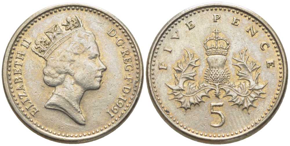 Великобритания 5 пенсов 1991 Елизавета II (1952-2022) KM 937b, Spink 4372 (D4) медно-никель 116-563