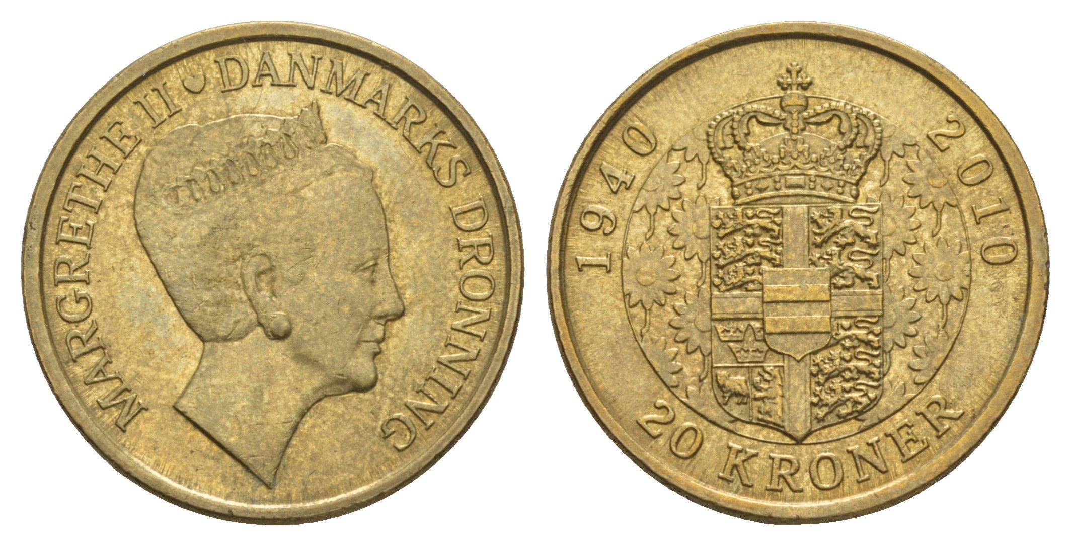 Дания 20 крон 2010 70 лет со дня рождения королевы Маргрете II KM 937 алюминиевая бронза UNC 4650-655