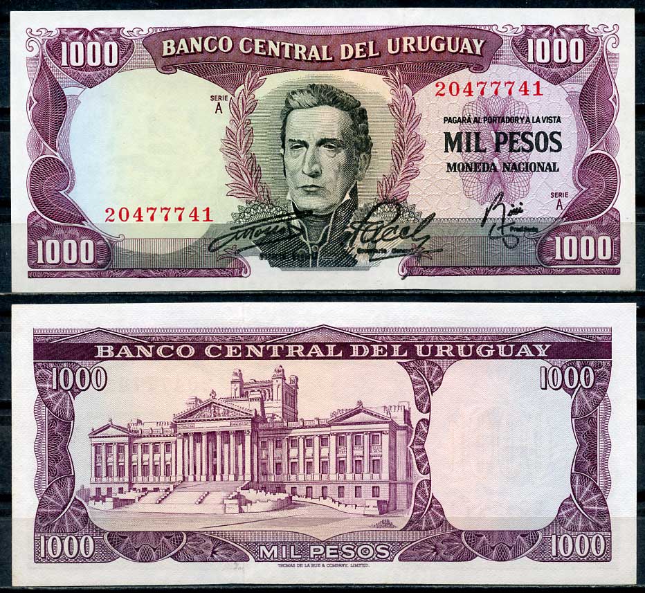 Уругвай 1000 песо ND (1967) Хосе Хервасио Артигас, Дворец законодательных органов, Монтевидео Pick 49 a (12)  бумага  UNC (пресс) 451-159-2