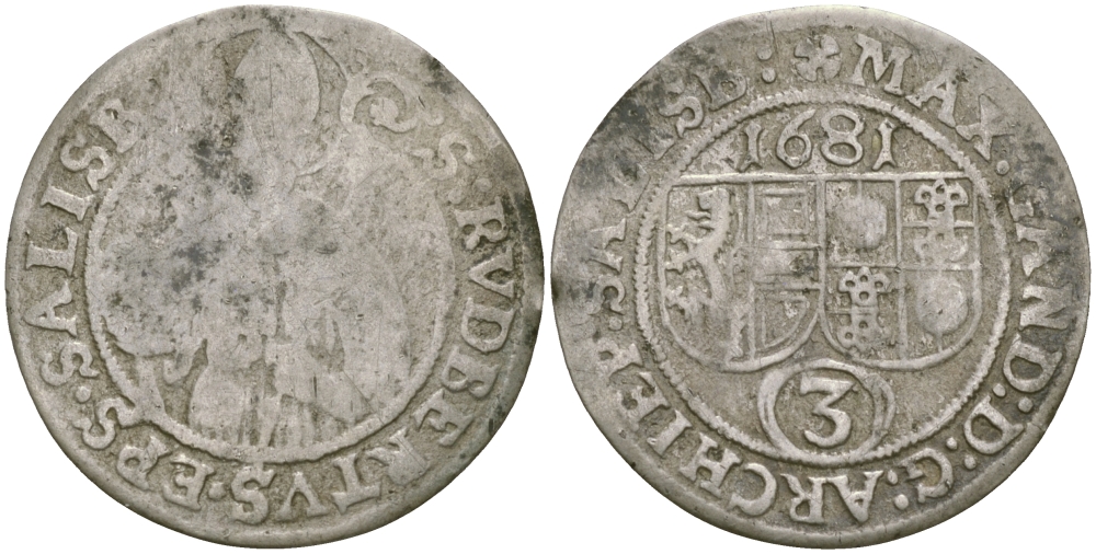 АВСТРИЯ, ЗАЛЬЦБУРГ 3 КРЕЙЦЕРА 1681 СВЯТОЙ РУПЕРТ KM 228 серебро 99-866