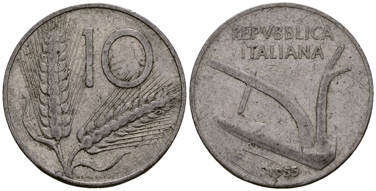 Италия 10 лир 1955 KM 93 алюминий 4176-226