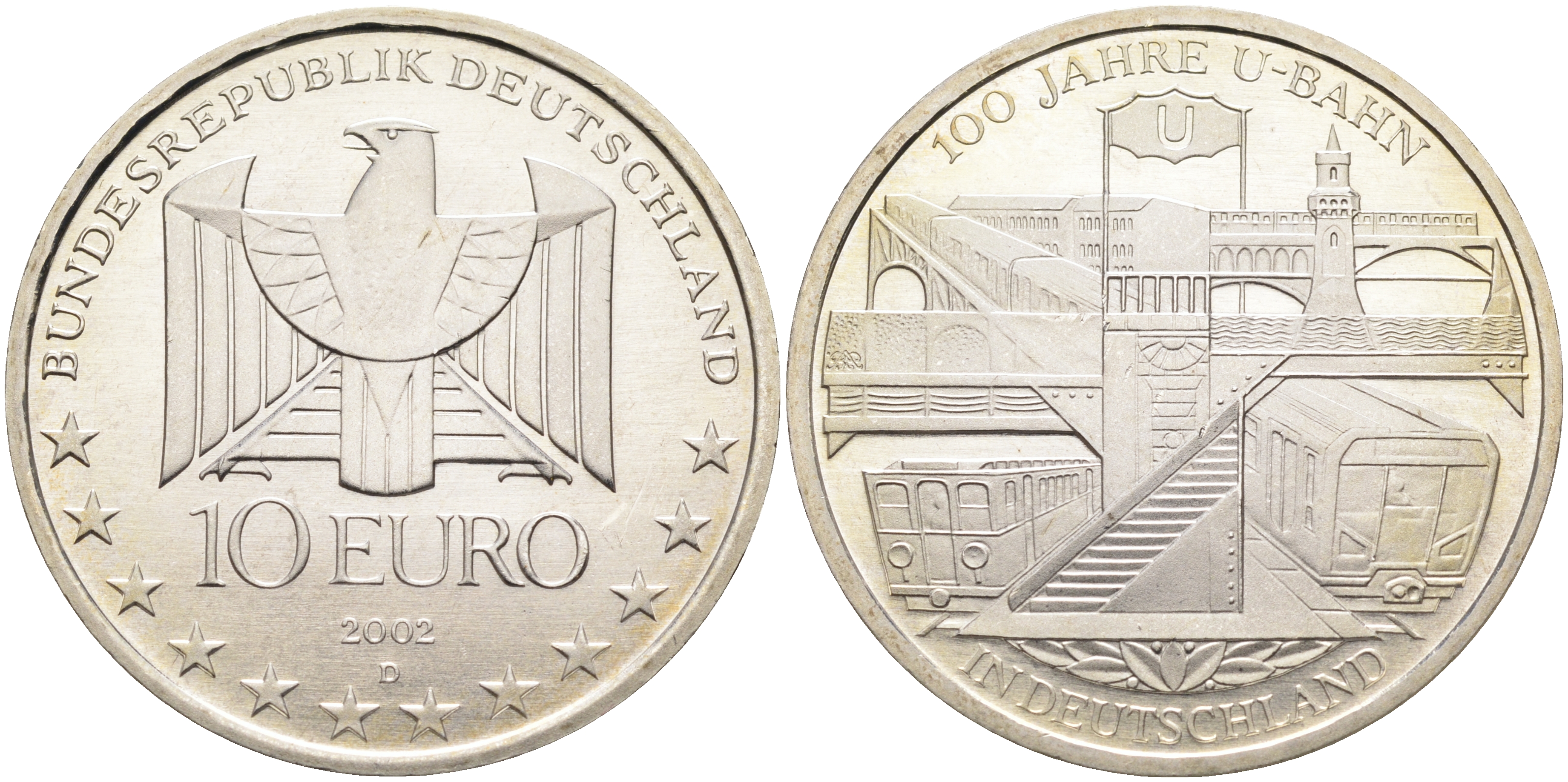 ФРГ 10 евро 2002 D, 100 лет немецкому метро KM 216, DE.S. 10.2 серебро PROOF 11-070-13