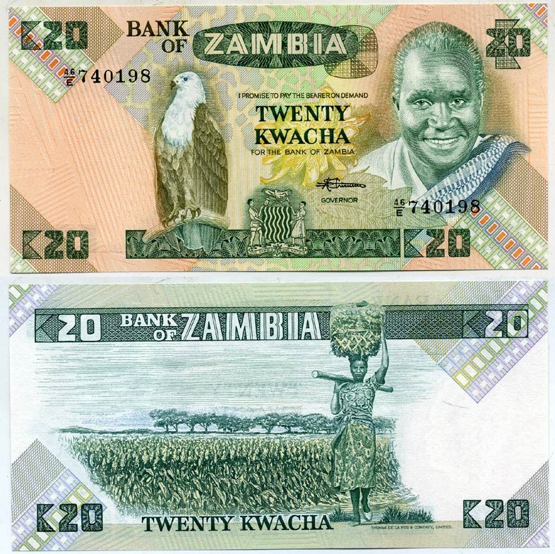 Замбия 20 квач ND (1980-1988) Кеннет Каунда, орлан крикун, женщина, подпись Chivuno Pick 27e бумага UNC (пресс) 6299-15-4