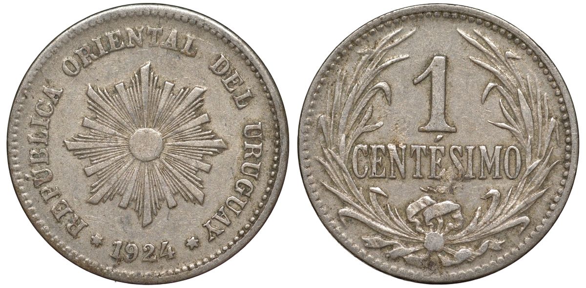 Уругвай 1 сентесимо 1924 KM 19 медно-никель 99-749