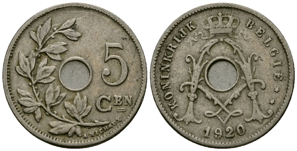 Бельгия 5 сантимов 1920 Belgie KM 67 медно-никель 4173-222