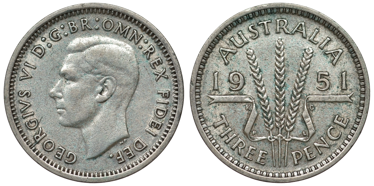 Австралия 3 пенса 1951 m, Георг VI (1937-1952), без букв KM 44 серебро 71-311