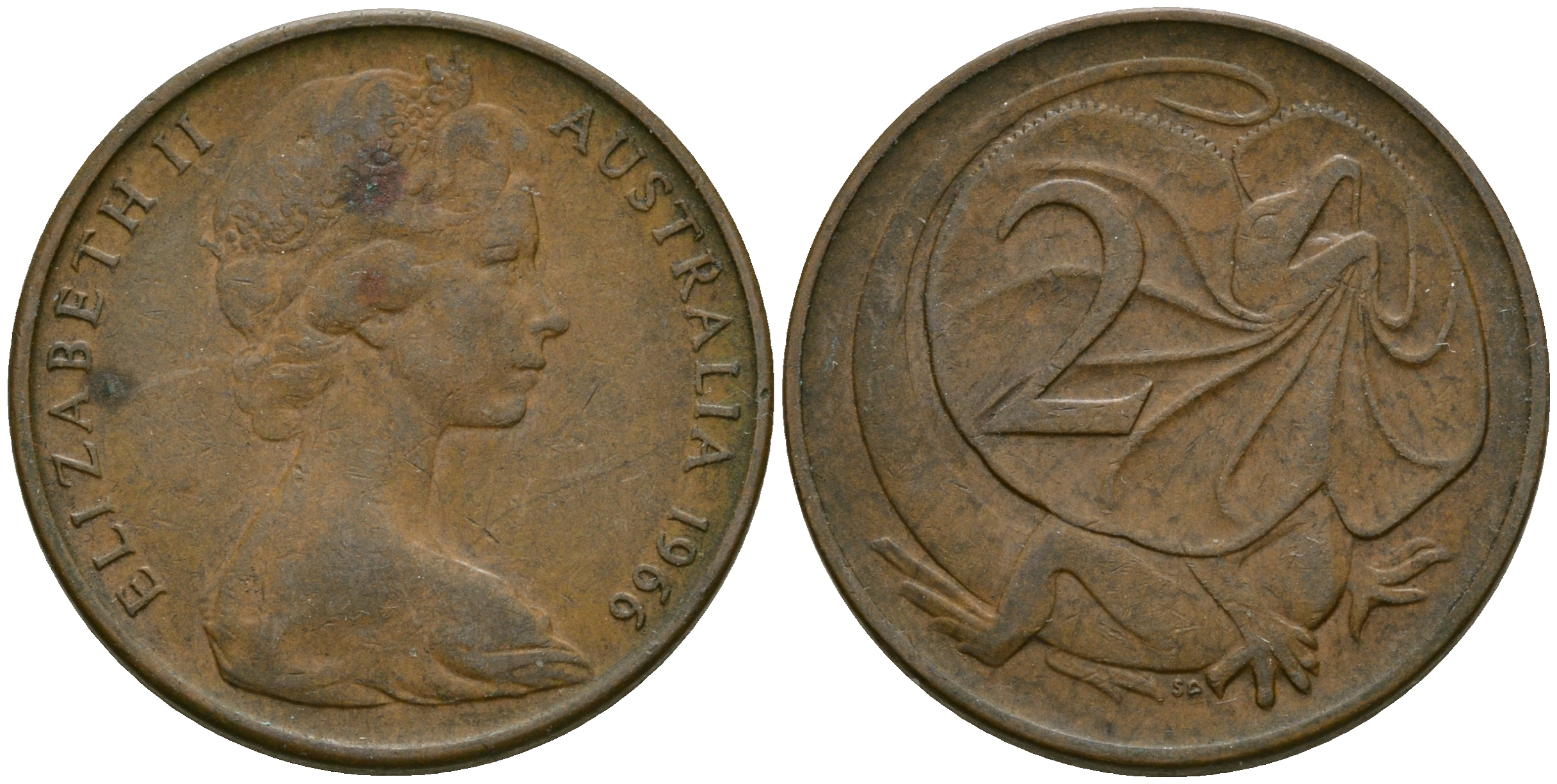 Австралия 2 цента 1966 Елизавета II (1952-), плащеносная ящерица KM 63 бронза 4364-1922