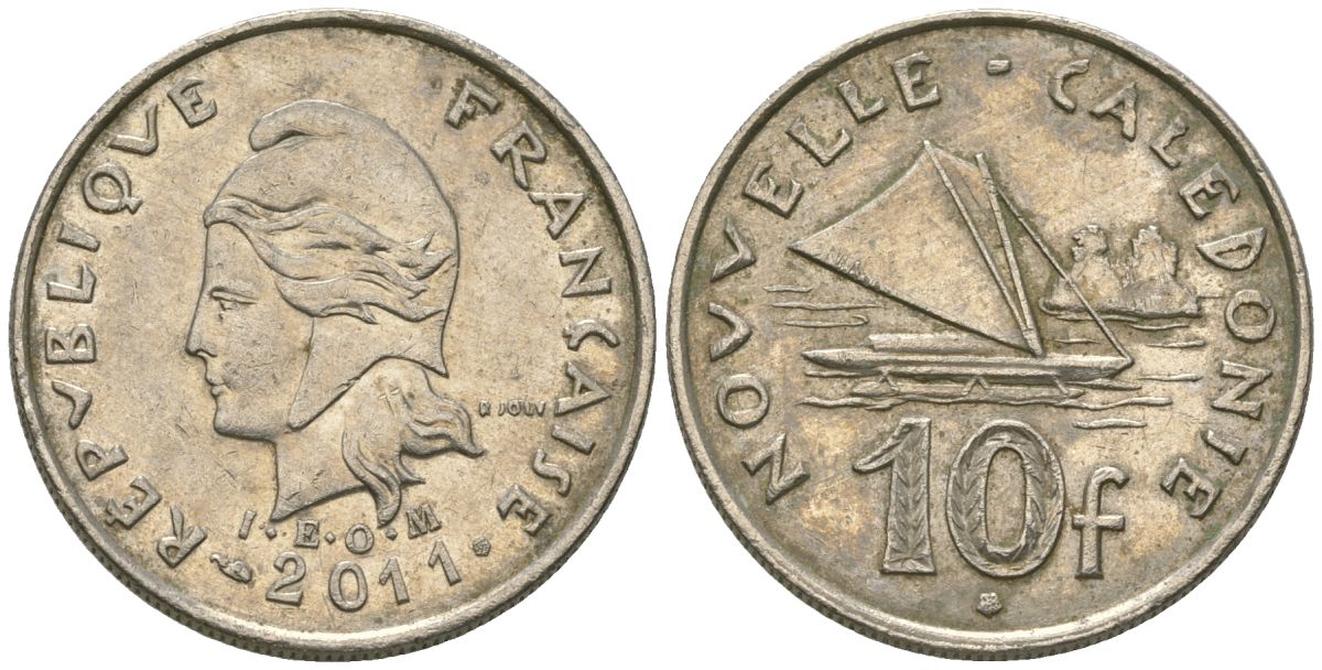 Французская Новая Каледония 10 франков 2011 рыбачья парусная лодка, (IEOM) KM 11a, Schoen 13a, Lec 99k медно-никель 65-117