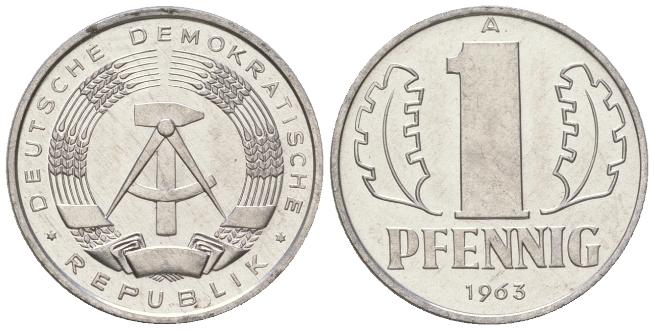 ГДР 1 пфенниг 1963 А KM 8.1 алюминий UNC 3458-267