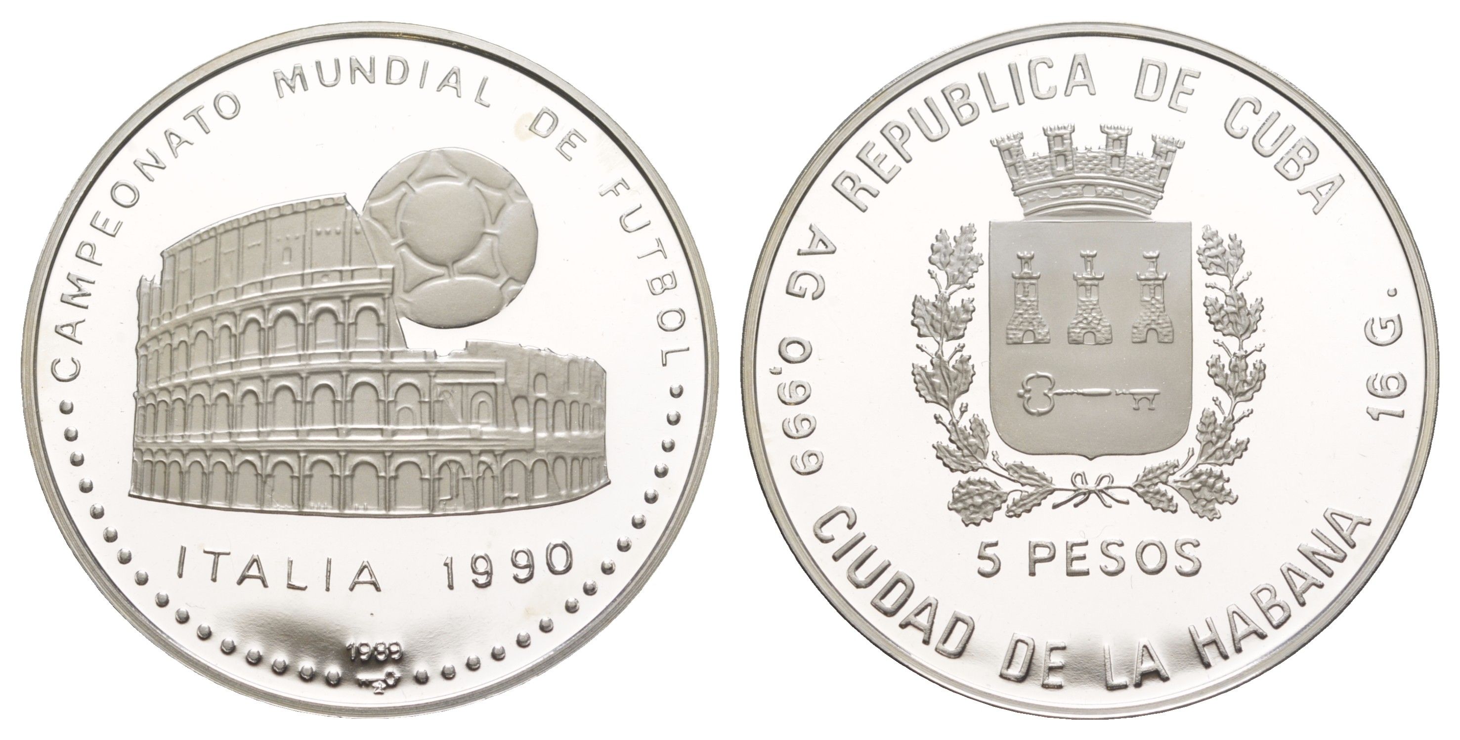 Куба 5 песо 1989 Чемпионат мира по футболу 1990, Италия KM 226 серебро PROOF 1083-2-42