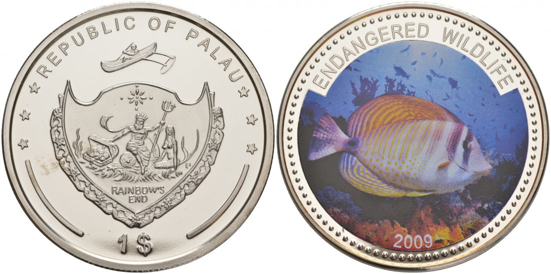 Палау 1 доллар 2009 серия вымирающие виды, рыба зебрасома (Zebrasoma veliferum), цветная эмаль KM 285 медно-никель PROOF 1081-1-52