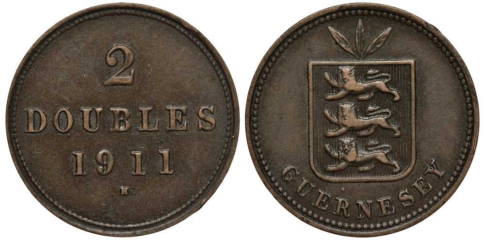 Гернси 2 дабла (дубля) 1911 H KM 9 бронза 650-623
