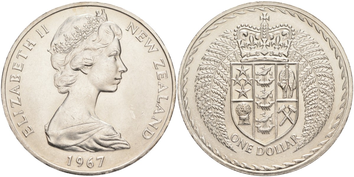 Новая Зеландия 1 доллар 1967 переход на десятичную систему, Елизавета II (1952-2022)  KM 38.1 медно-никель UNC 4552-1035