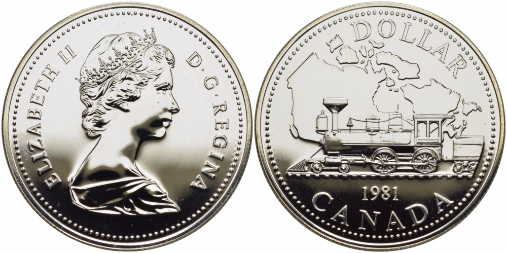 Канада 1 доллар 1981 Трансконтинентальная железная дорога, паровоз KM 130 серебро UNC 1087-6-14
