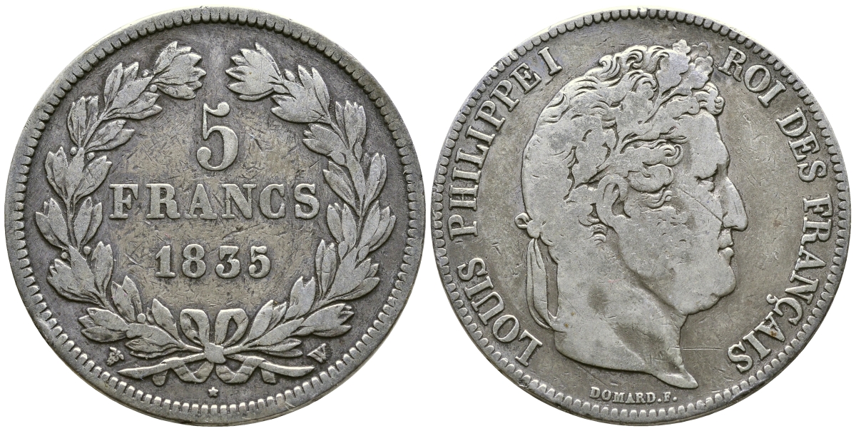 Франция 5 франков 1835 W, Луи Филипп I (1830-1848) KM 749.13 серебро 1066-6-45
