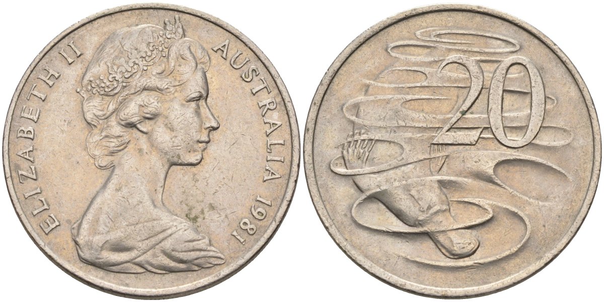 Австралия 20 центов 1981 Елизавета II (1952-2022), утконос KM 66 медно-никель 4131-923