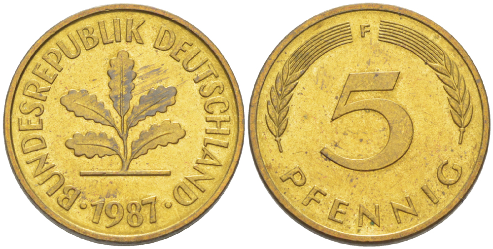 ФРГ 5 ПФЕННИГОВ 1987 F KM 107, J. 382 сталь плакированная латунью 4181-1025