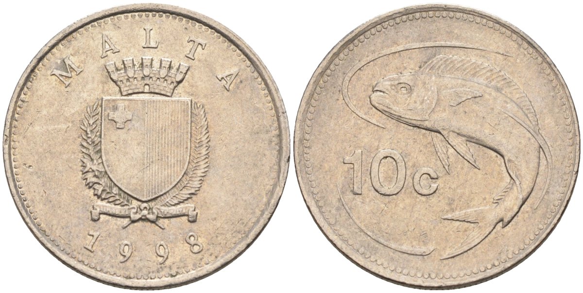 Мальта 10 центов 1998 золотая макрель KM 96 медно-никель 4588-249