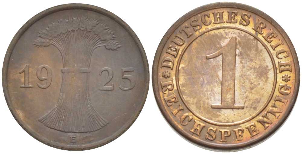 ГЕРМАНИЯ 1 РЕЙХСПФЕННИГ 1925 E KM 37, J. 313, Weege 2 бронза 206-824