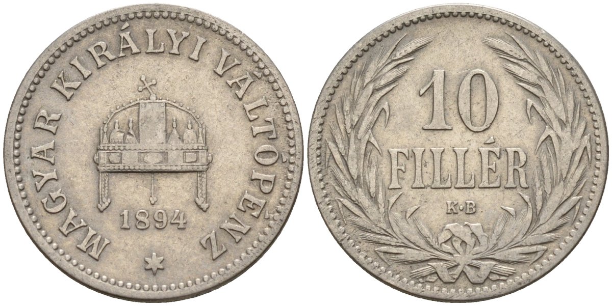 Венгрия 10 филлеров 1894 KB, Франц Иосиф I (1848-1916) KM 482 никель 4151-1068