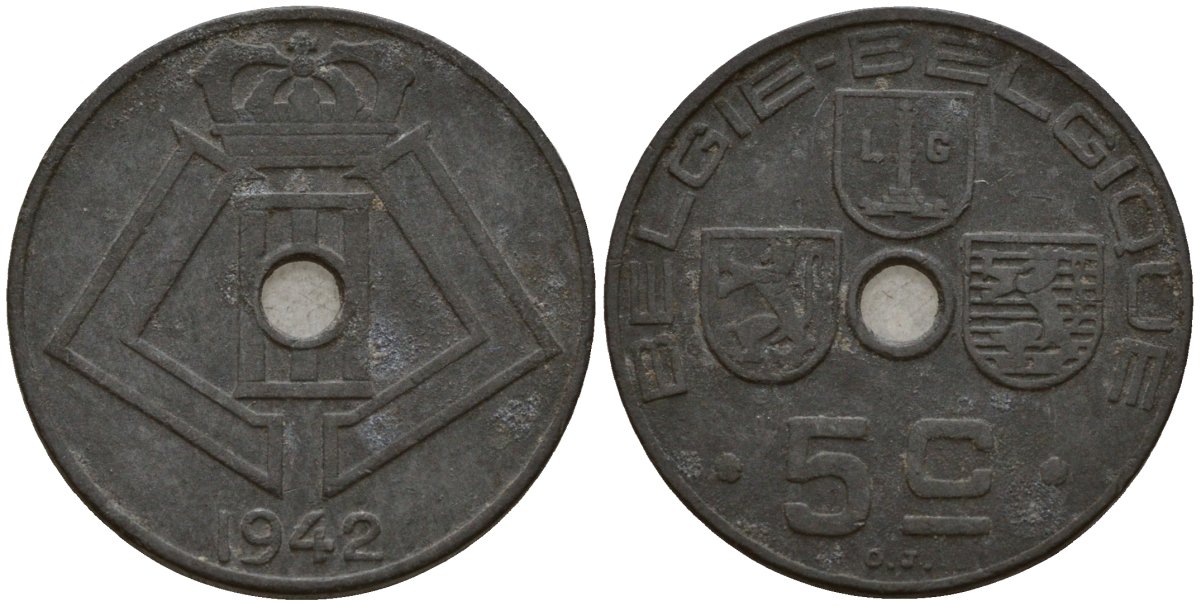 Бельгия 5 сантимов 1942 Belgie - Belgique, Леопольд III (1934-1947), германская оккупация, Вторая мировая война KM 124 цинк 4160-1131