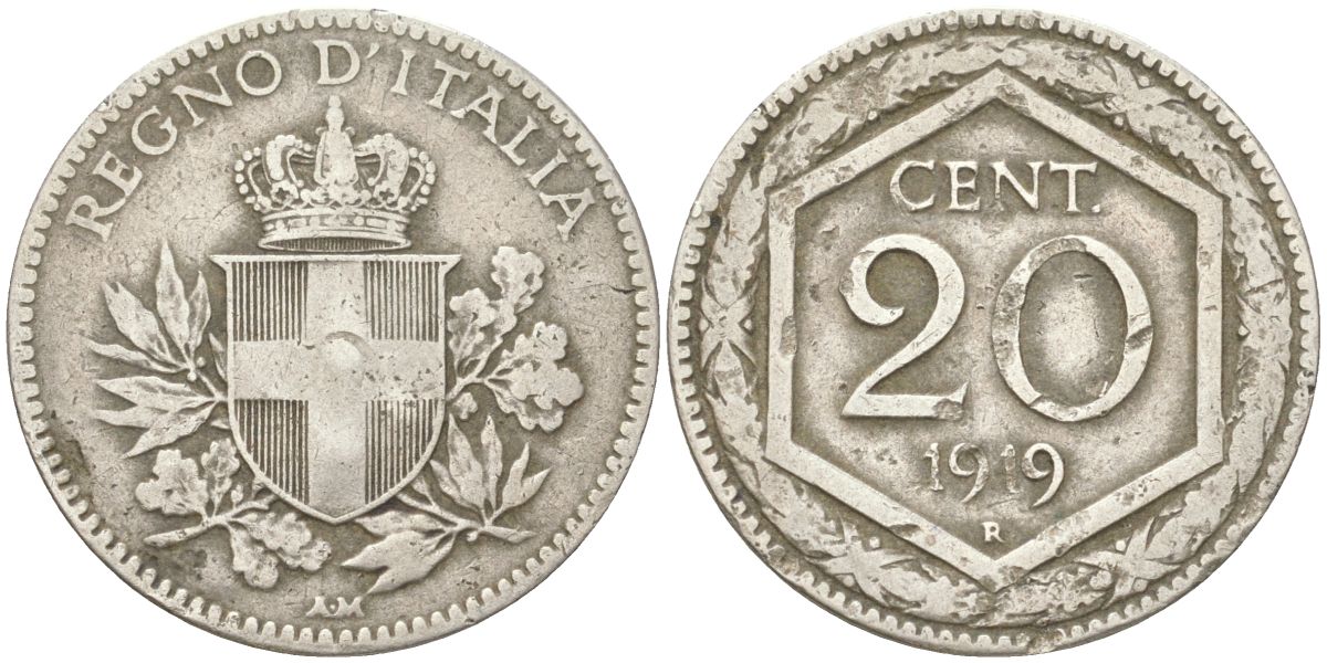 Италия 20 чентезимо 1919 R, Виктор Эммануил III (1900-1946) KM 44 никель 4613-841