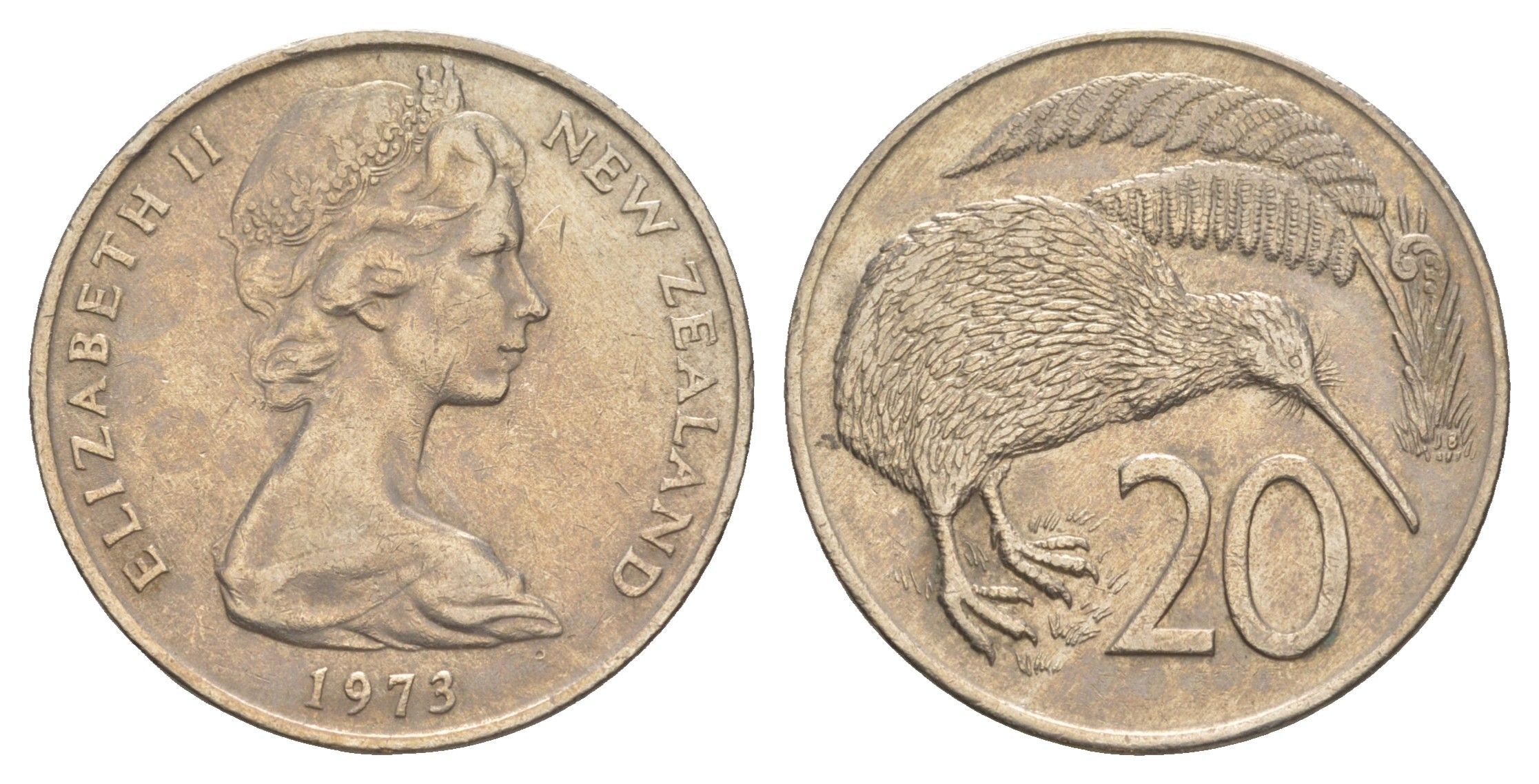 Новая Зеландия 20 центов 1973 Елизавета II (1952-2022), птичка киви KM 36 медно-никель 93-914