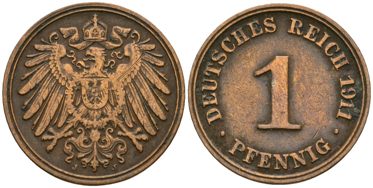 Германия 1 пфенниг 1911 J, Вильгельм II (1888-1918) KM 10, J. 10 медь 4608-249