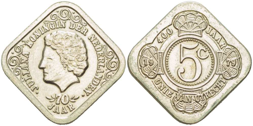 Нидерланды жетон 5 центов 1979 400 лет Утрехтской унии, 70 лет королеве Юлиане медно-никель 217-412