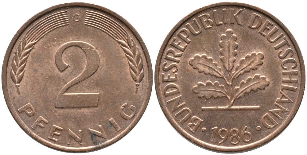 ФРГ 2 ПФЕННИГА 1986 G KM 106a, J.381a сталь плакированная сталь плакированная медьюю 96-644