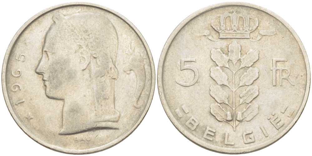 БЕЛЬГИЯ 5 ФРАНКОВ 1965 BELGIE, БОДУЭН I (1951-1993) KM 135.1 медно-никель 202-1156