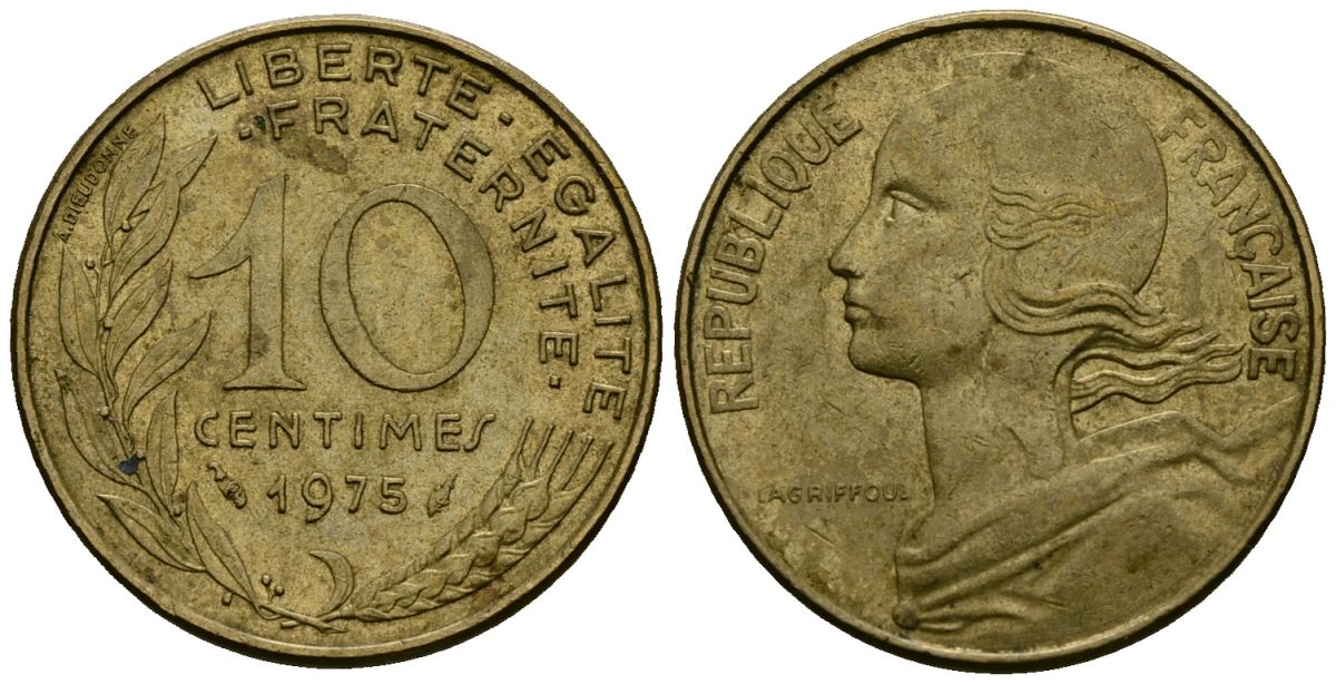 Франция 10 сантимов 1975 тип Marianne KM 929 алюминиевая бронза 4136-415